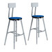 A pair of National Public Seating gray steel lab stools with Persian blue laminate seat and backrests.