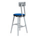 A gray metal lab stool with a blue seat and backrest.