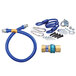 A blue Dormont gas connector hose kit with restraining cable and parts.