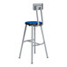 A gray metal lab stool with a blue seat and backrest.