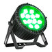 A Prost Lighting UberBar LED wash light with a green light and black frame.