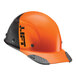 An orange and black Lift Safety hard hat with carbon fiber brim.