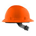 An orange Lift Safety hard hat with a ratchet suspension strap.