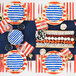 A table set with Sophistiplate Patriotic Confetti paper guest towels, red, white, and blue striped plates, and a bowl of blueberries.