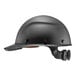 A black Lift Safety Dax carbon fiber hard hat with a black strap.