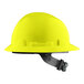 A yellow Lift Safety hard hat with a black 4-point ratchet suspension strap.