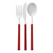 Red plastic utensils with white spoons and forks.