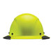A close-up of a yellow Lift Safety Dax full brim hard hat with black rubber trim.