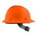 An orange Lift Safety hard hat with a grey suspension strap.