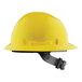 A yellow Lift Safety hard hat with a black suspension strap.
