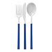 Sophistiplate Villa White and Navy plastic cutlery set with a fork, knife, and spoon.