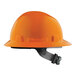 An orange Lift Safety hard hat with a full brim and ratchet suspension.