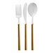 Sophistiplate Villa white and gold plastic cutlery set with a fork, knife, and spoon.