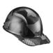 A Lift Safety Dax black and grey carbon fiber hard hat with a camouflage design on the cap brim.