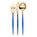 Sophistiplate plastic cutlery in blue and gold packaging with a black cap.