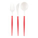 Sophistiplate white plastic cutlery with red accents including forks and spoons.