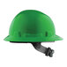 A green Lift Safety hard hat with black suspension straps.