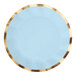 A close up of a sky blue Sophistiplate wavy paper dinner plate with a white design.