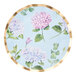 A Sophistiplate paper dinner plate with blue and pink hydrangeas and gold trim.