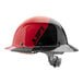 A red hard hat with black and red stripes.