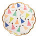 A white Sophistiplate paper dinner plate with a pattern of pink and yellow party hats and a gold rim.