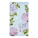 A white Sophistiplate paper guest towel with blue and purple hydrangeas and green leaves.