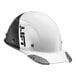 A white and black Lift Safety hard hat with a carbon fiber brim.