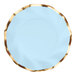 A Sophistiplate sky blue wavy paper salad plate with a white circle and gold trim on it.