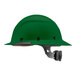 A green Lift Safety Dax hard hat with black straps.