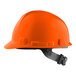 A Lift Safety orange hard hat with short brim and 4-point ratchet suspension.