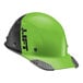 A lime green hard hat with black and green accents.