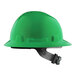A green Lift Safety hard hat with a black strap.