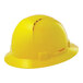 A yellow Lift Safety hard hat with a full brim and ratchet suspension.