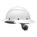 A white hard hat with black straps.