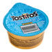 A yellow Tostitos container with blue wrap filled with Mexican cheese dip.
