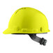 A yellow hard hat with a grey strap.