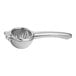 A silver stainless steel Choice handheld lemon juicer with a handle.