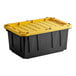 A black and yellow Tough Box plastic storage tote with a lid.