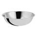 A silver stainless steel mixing bowl with a handle.