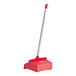 A red dustpan with a long handle.