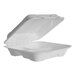 A white Eco-Products compostable clamshell container with three compartments and a lid.