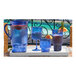 A tray with Sophistiplate Cobalt Blue plastic wine glasses and a pitcher of blue liquid.