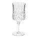 A close-up of a Sophistiplate clear plastic wine glass with a diamond pattern.
