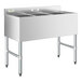 A Regency stainless steel underbar sink with three compartments and galvanized steel legs.