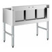 A Regency stainless steel underbar sink with three compartments over galvanized steel legs.