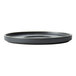 A black Oneida Moira stoneware saucer with a rim.