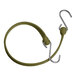 A military green rubber Better Bungee strap with metal S hooks on each end.
