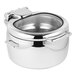An Eastern Tabletop stainless steel round soup chafer with a glass lid.