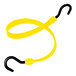 A yellow polyurethane Better Bungee cord with overmolded black nylon hooks.