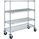 A chrome Metro 4 tier wire shelving unit with rubber casters.